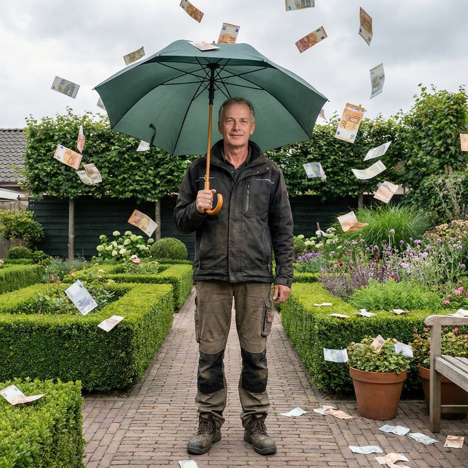 Hovenier in werkkleding met paraplu in een tuin waar geld regent - symbool voor loonsverhoging CAO Hoveniersbedrijf 2026